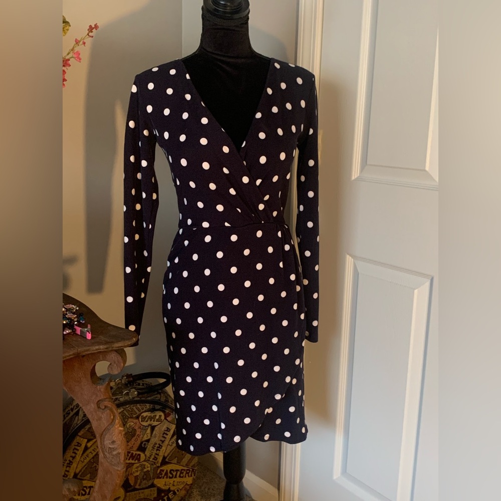 Polka Dot Wrap-Style Long Sleeve Dress - Black and White